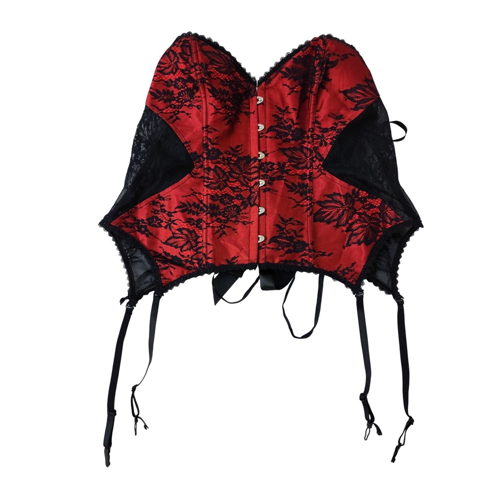 Adore Me Red Black Lace Garter Corset Lingerie Busk Front Lace Up Back 3X